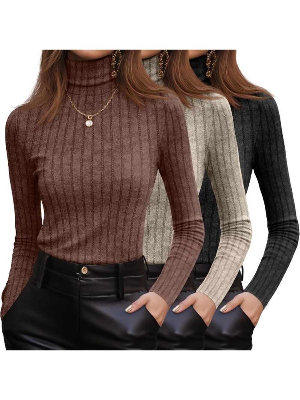3 Pack Women's Ribbed Knit Turtleneck Long Sleeve Tops - Versatile & Stylish